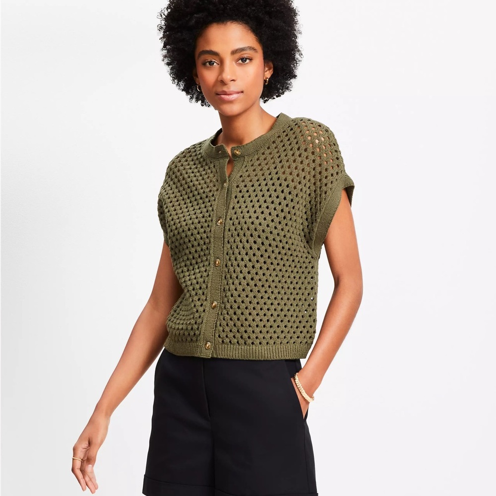 Loft Textured Olive Green Crochet Cardigan - Size M